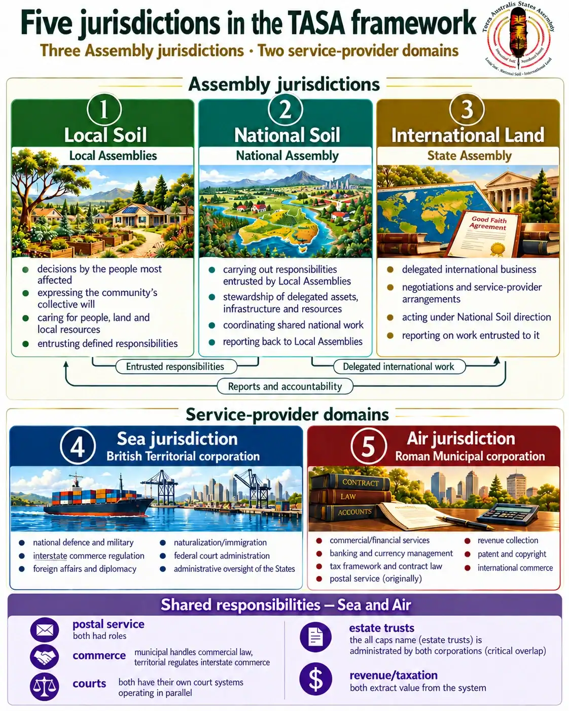 Five jurisdictions in the TASA framework: three Assembly jurisdictions—Local Soil, National Soil and International Land—and two service-provider domains, Sea and Air, with their responsibilities and reporting relationships.