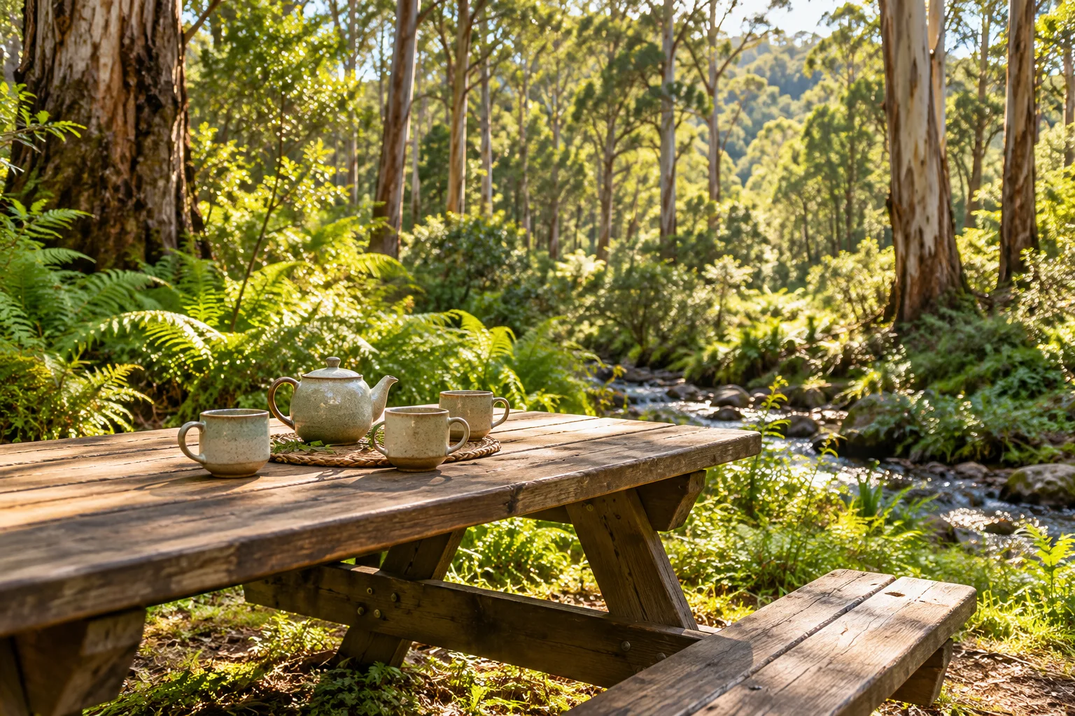 Original artwork of a welcoming picnic table in a Yarra Ranges forest clearing