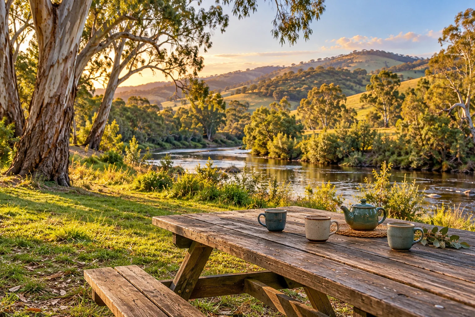 Original artwork of a welcoming picnic table beside a Murrindindi river