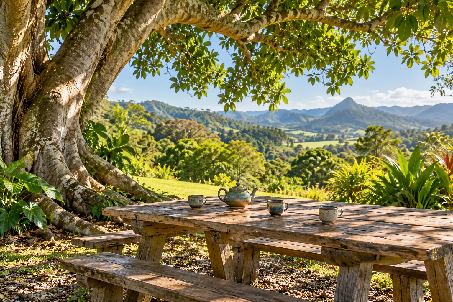 Original artwork of a welcoming picnic table beneath a fig tree in the Northern Rivers