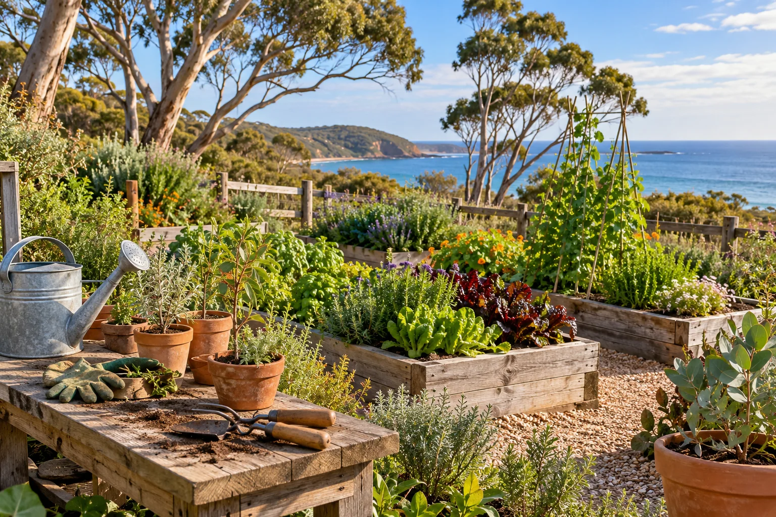 Original artwork of a flourishing coastal community garden in Victoria