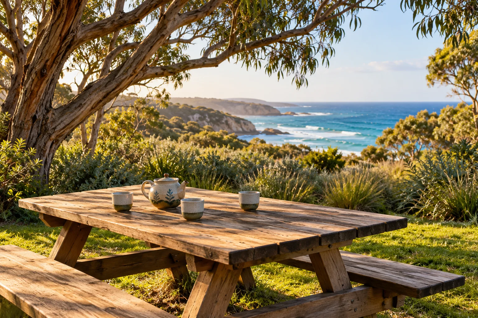 Original artwork of a welcoming picnic table overlooking the Surf Coast