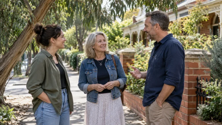 Photo-style image of neighbours chatting beside a heritage garden in a Geelong-inspired setting