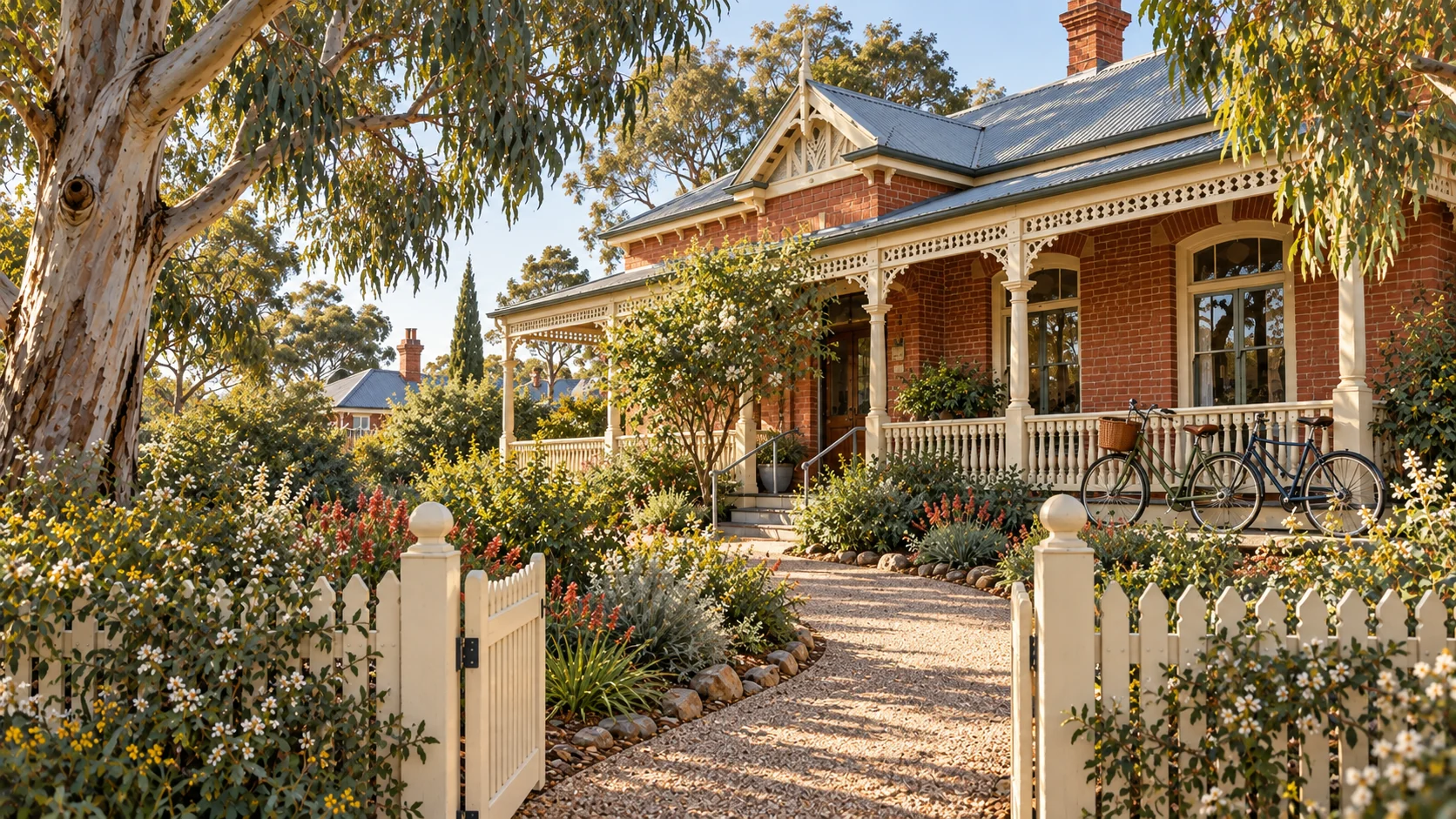 Photo-style image of a red-brick heritage home, open garden gate and native plants, inspired by Geelong