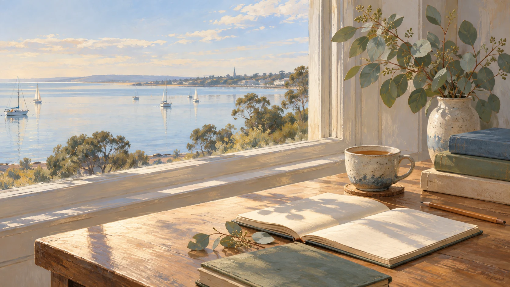 Illustration of books and a notebook overlooking the bay