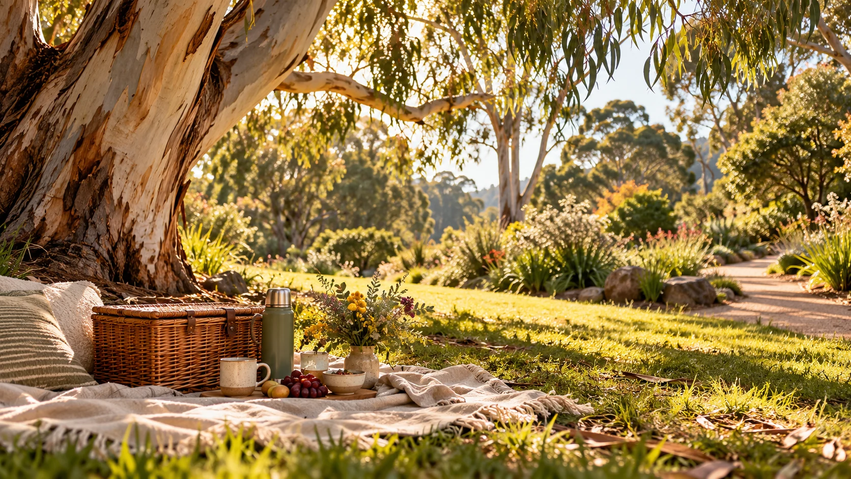 Original illustration of a welcoming picnic setting beneath eucalyptus trees