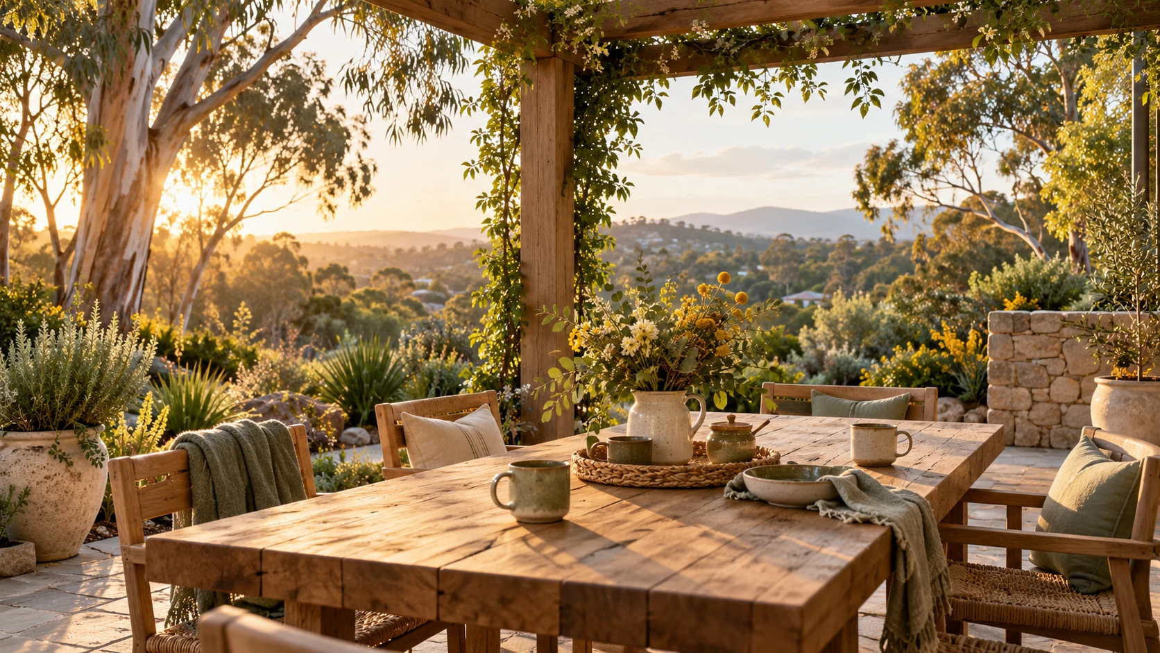 Original illustration of a welcoming table in a leafy Knox-inspired garden