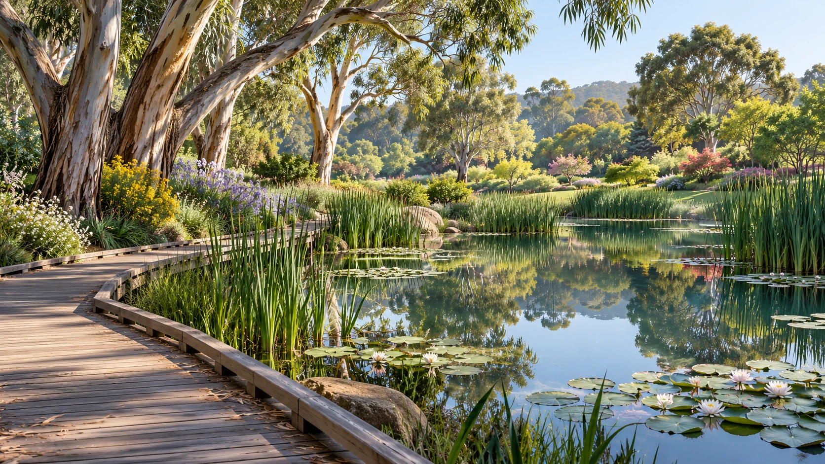 Original illustration of a tranquil Knox-inspired wetland garden