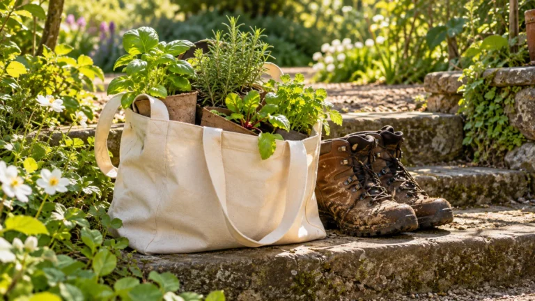 Herb seedlings in a canvas tote beside walking boots