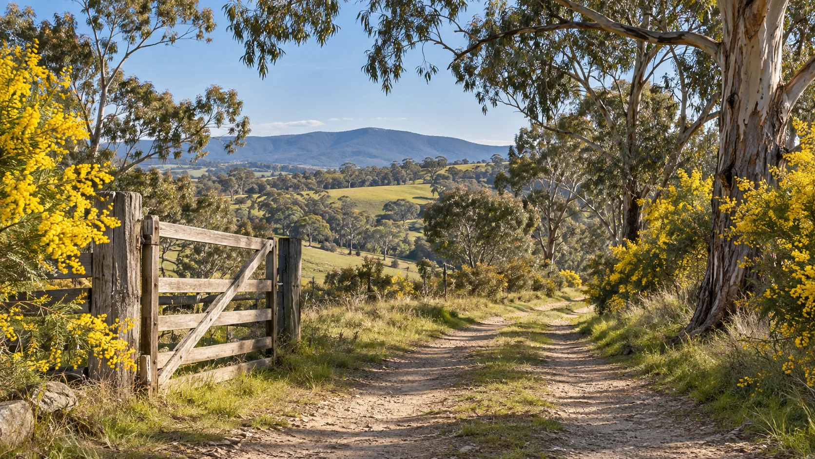 An open country gate and wattle beside a rural track, in original photographic-style artwork