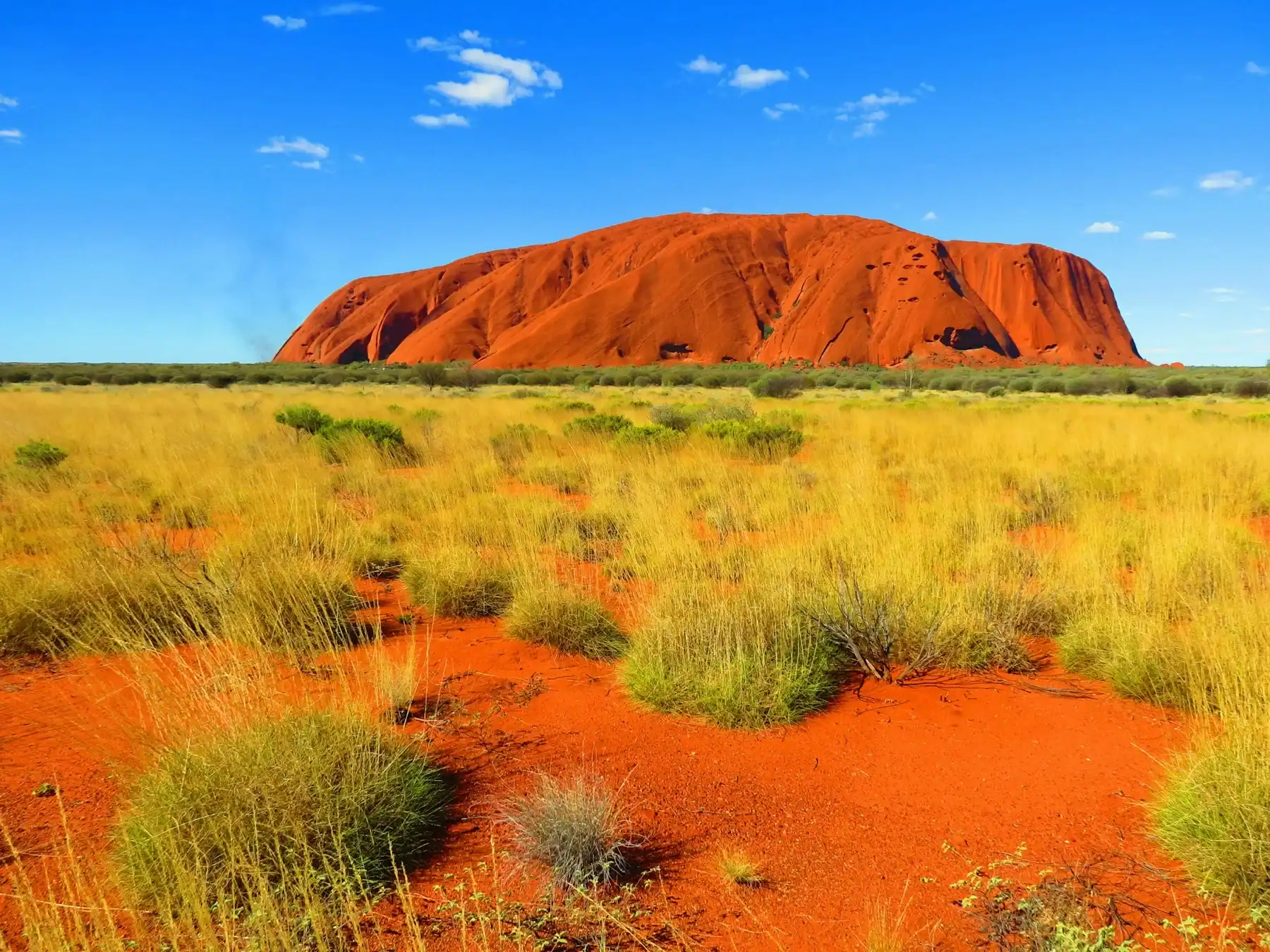 Uluru rising above the surrounding red earth beneath a blue sky