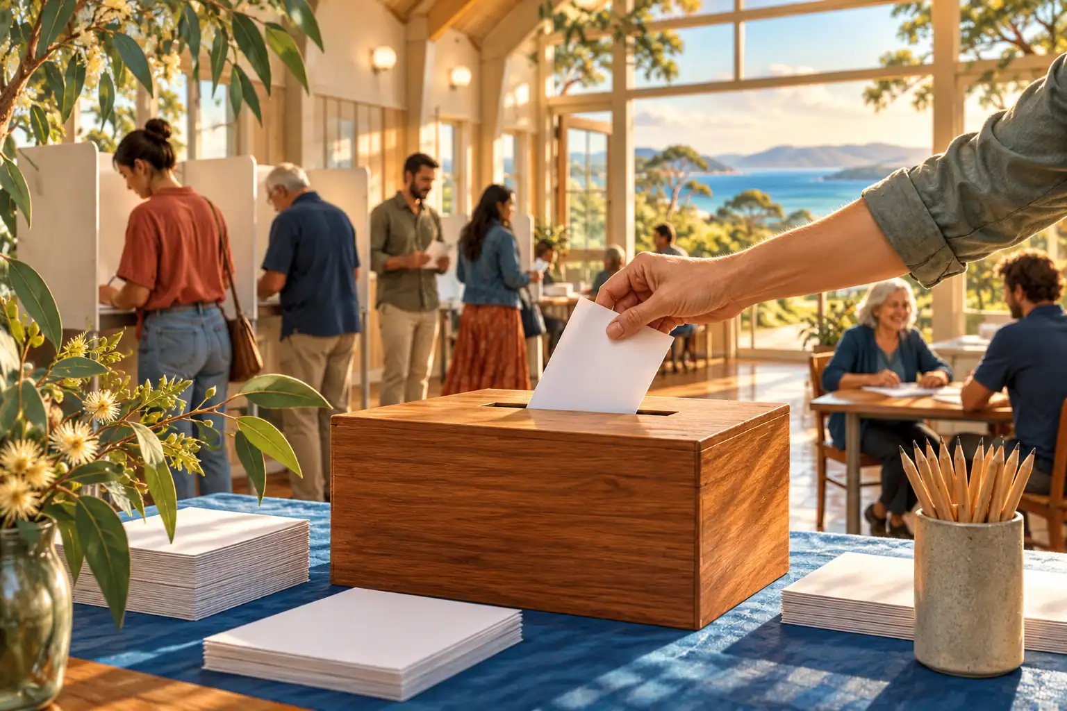 Illustration of a blank ballot being placed in a community ballot box.