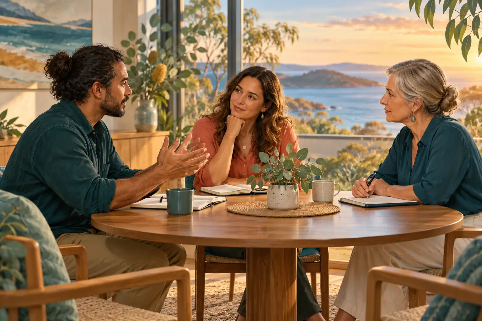 Illustration of a respectful discussion around a round table.