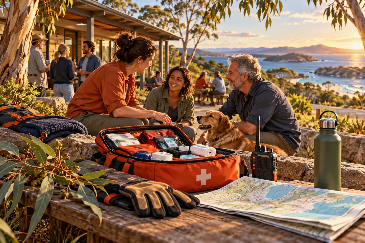 Illustration of community preparedness with a first-aid kit, radio and map.