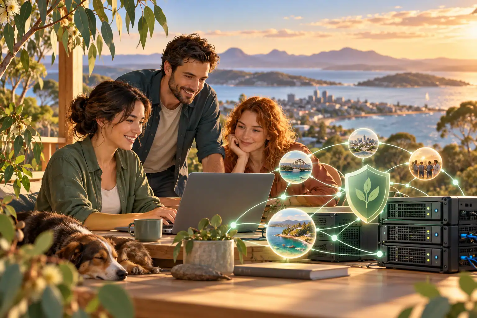 Illustration of community technology, a laptop, servers and secure connections.