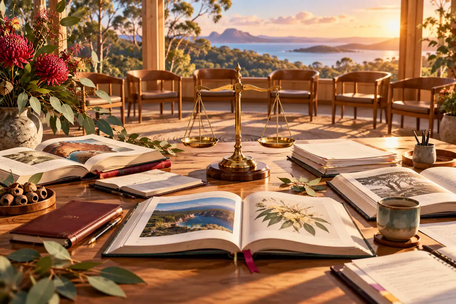 Illustration of reference books, balanced scales and chairs for shared deliberation.