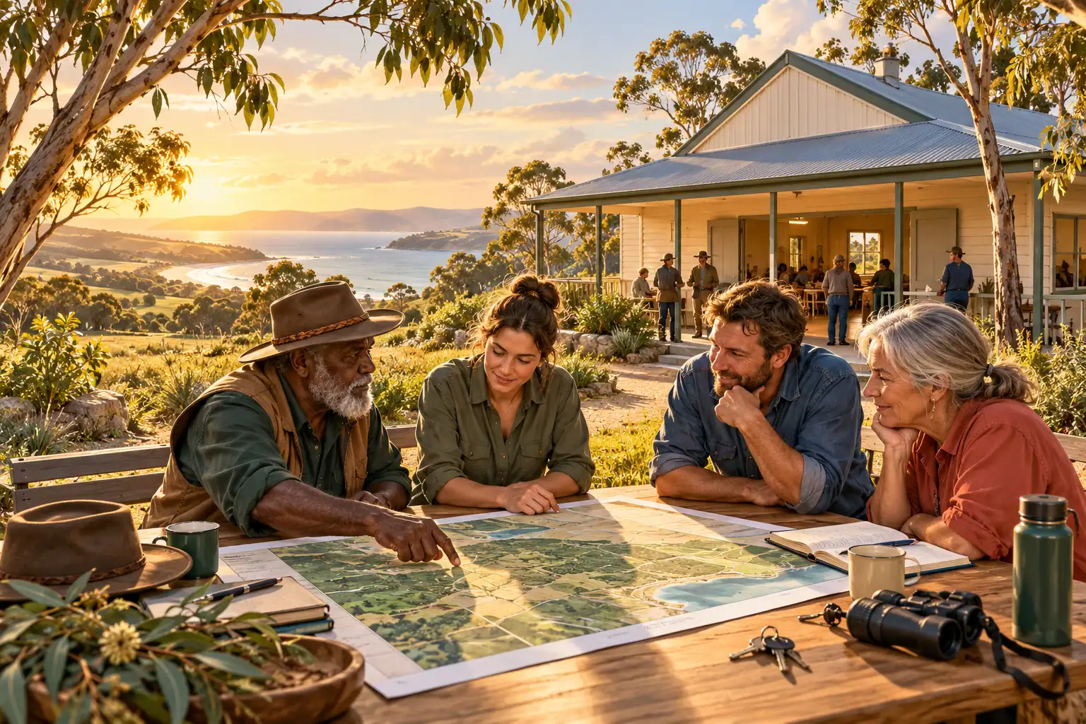Illustration of men and women reviewing a land map beside an Australian community hall.