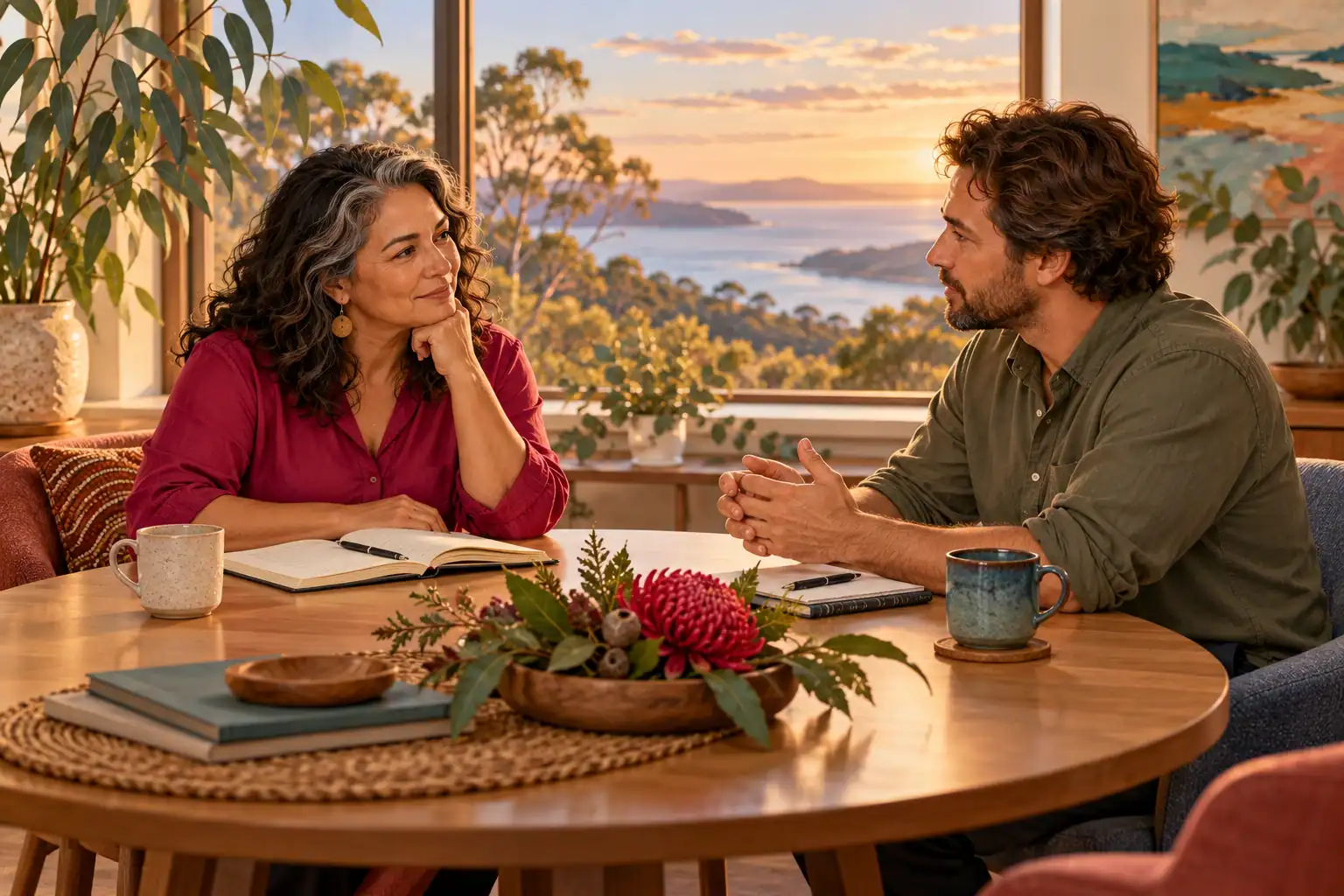 Illustration of two adults listening and reviewing a matter together.