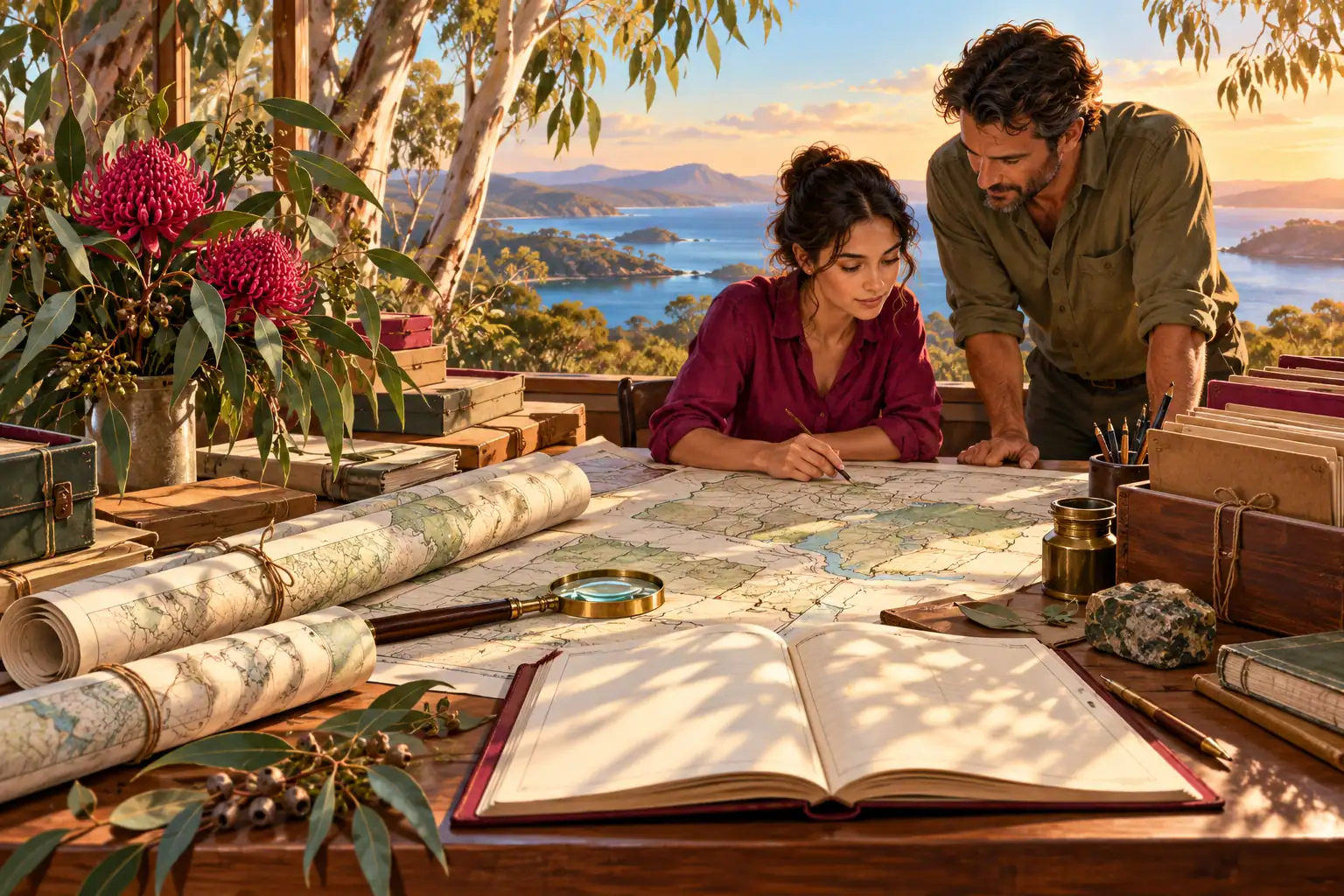 Illustration of land maps, archival folders and a record book on a desk.