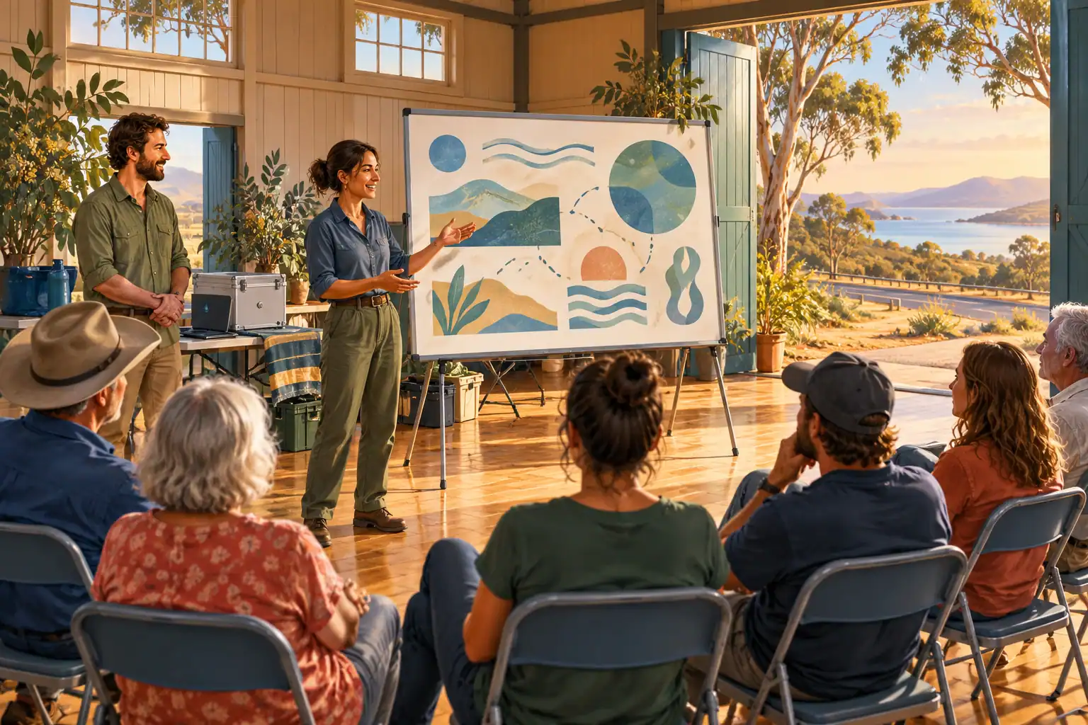 Illustration of a portable presentation setup for community learning.