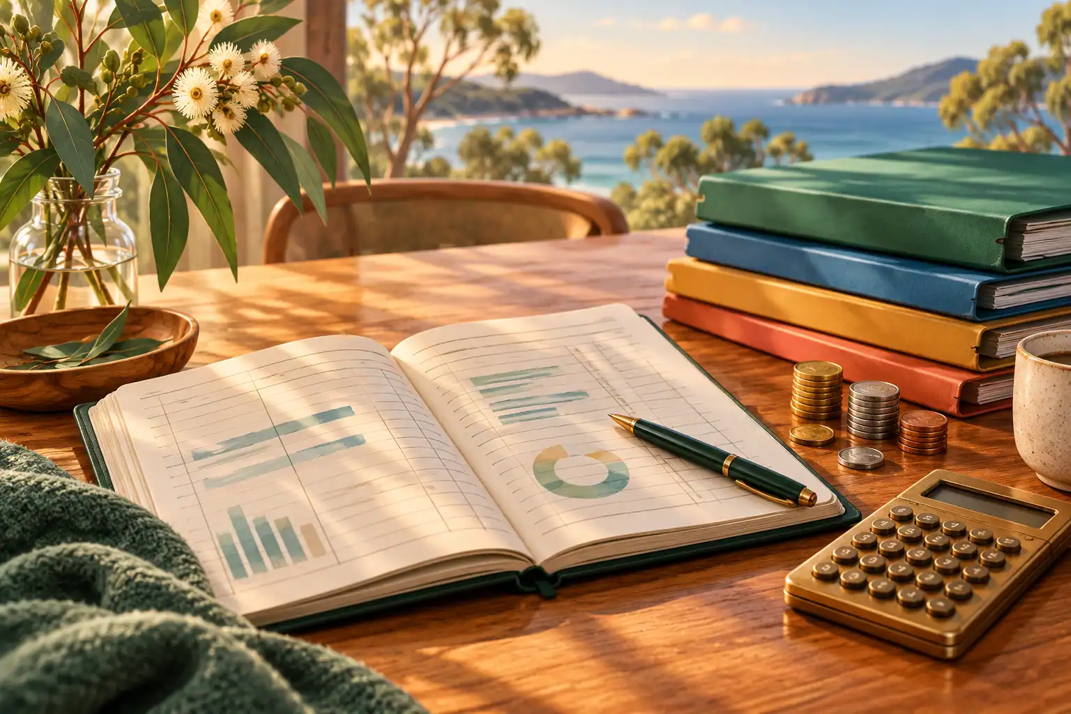 Illustration of a ledger, calculator, coins and organised budget folders.