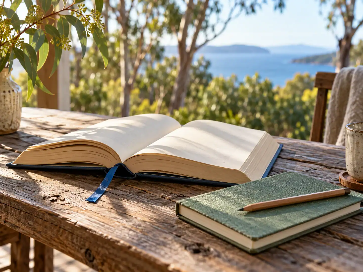An open book, green notebook and pencil on a timber table beside eucalyptus foliage.