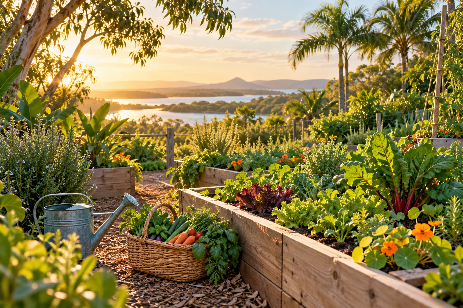 Original illustration of a flourishing Noosa-inspired community garden