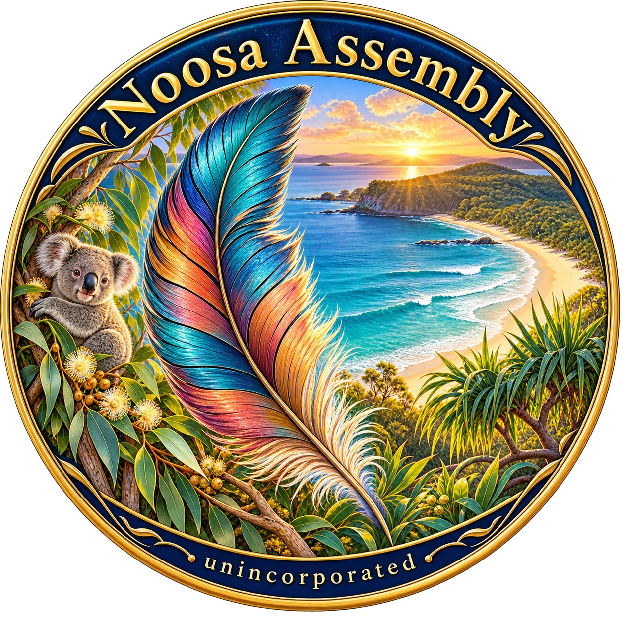 Noosa Assembly emblem: vibrant detailed feather, turquoise water, sunrise and a koala
