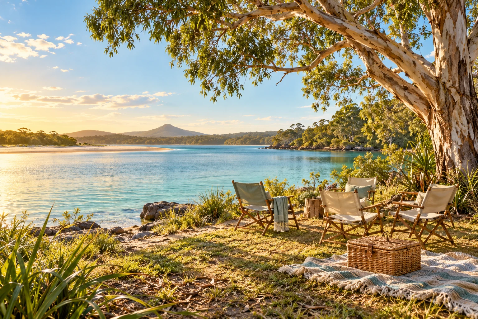 Original illustration of a welcoming picnic setting beside a Noosa-inspired lagoon