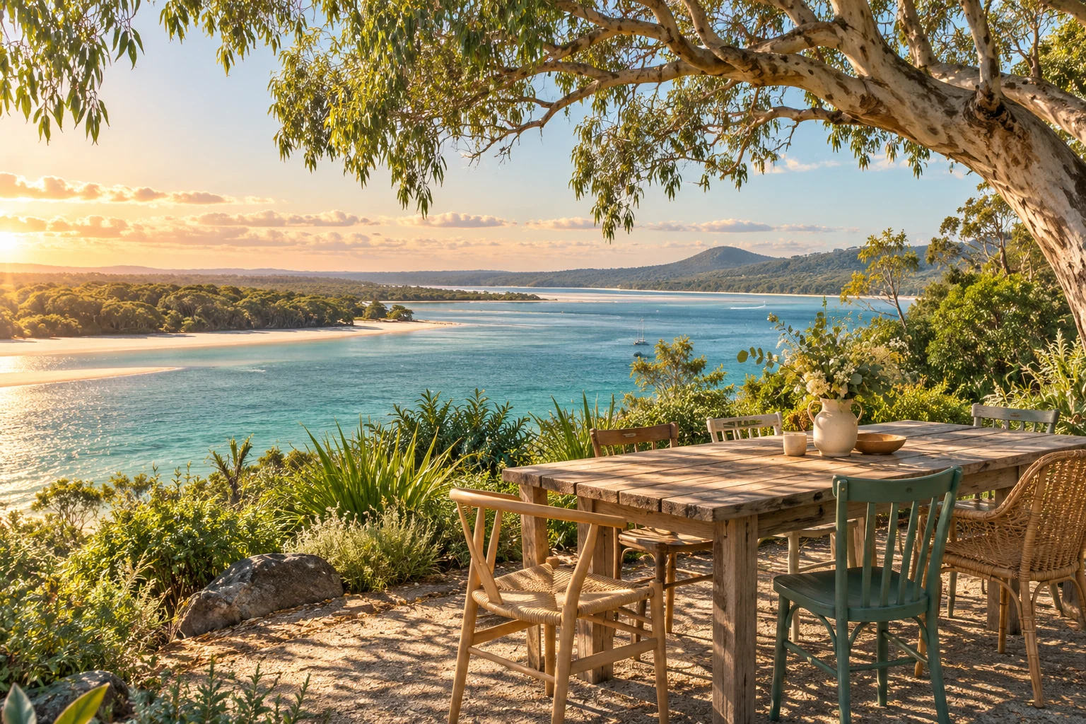 Original illustration of a welcoming table beside a Noosa-inspired waterway