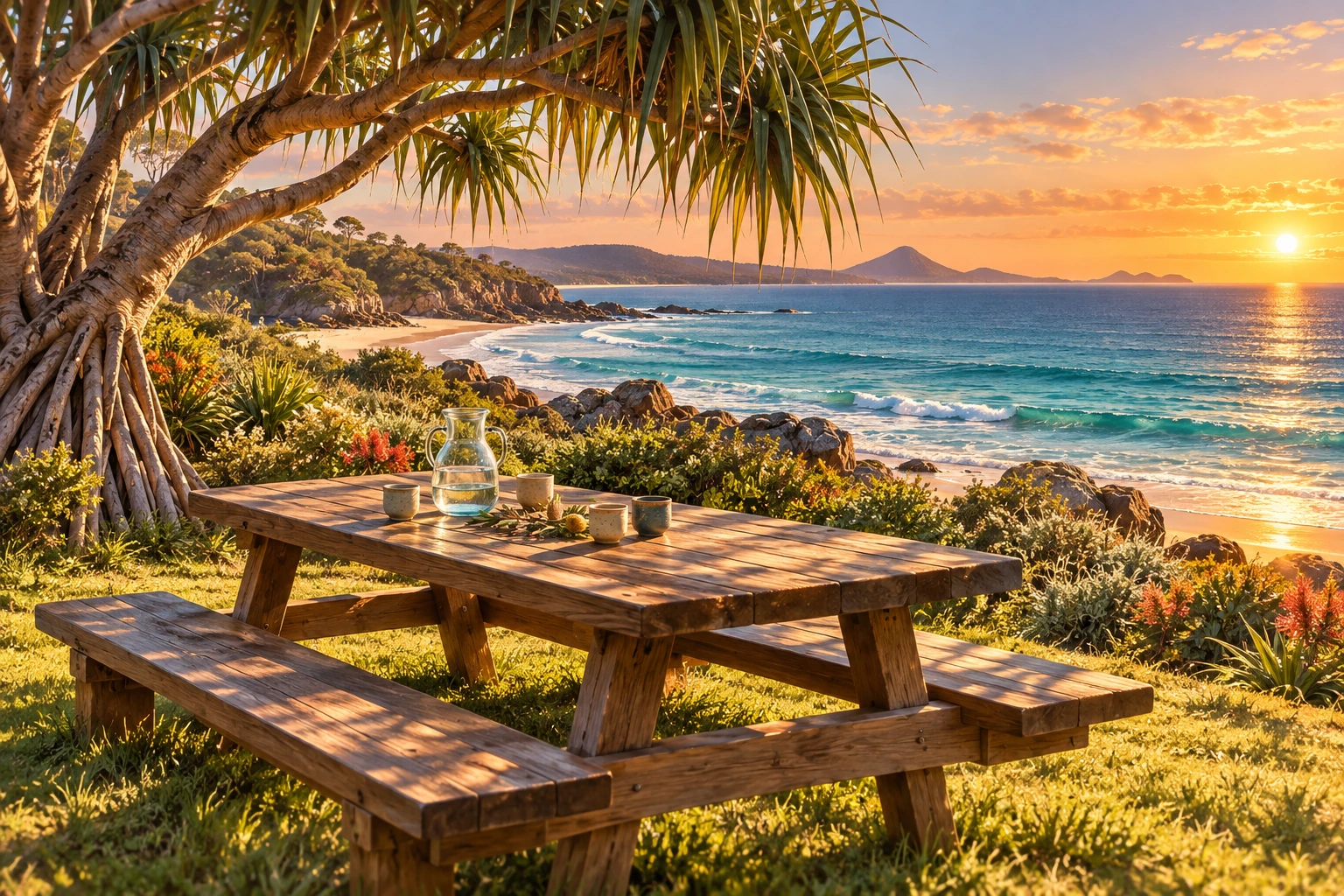 Illustration of an inviting picnic table in a coastal park