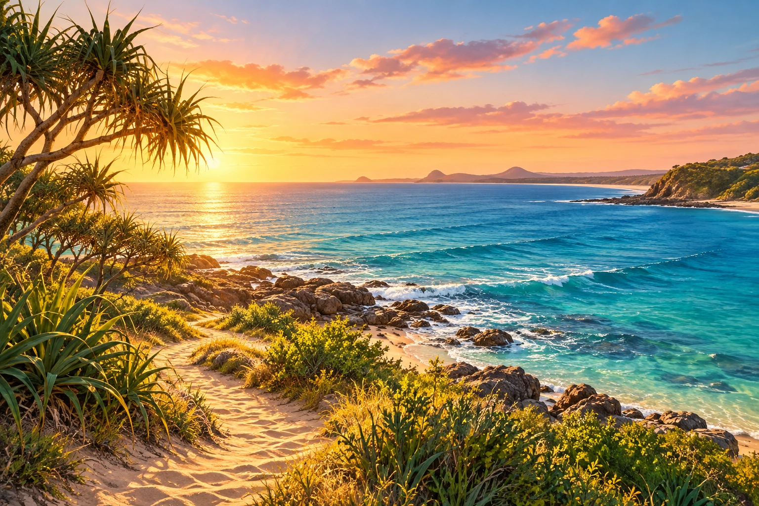 Illustration of a sunlit coastal path, pandanus and turquoise ocean