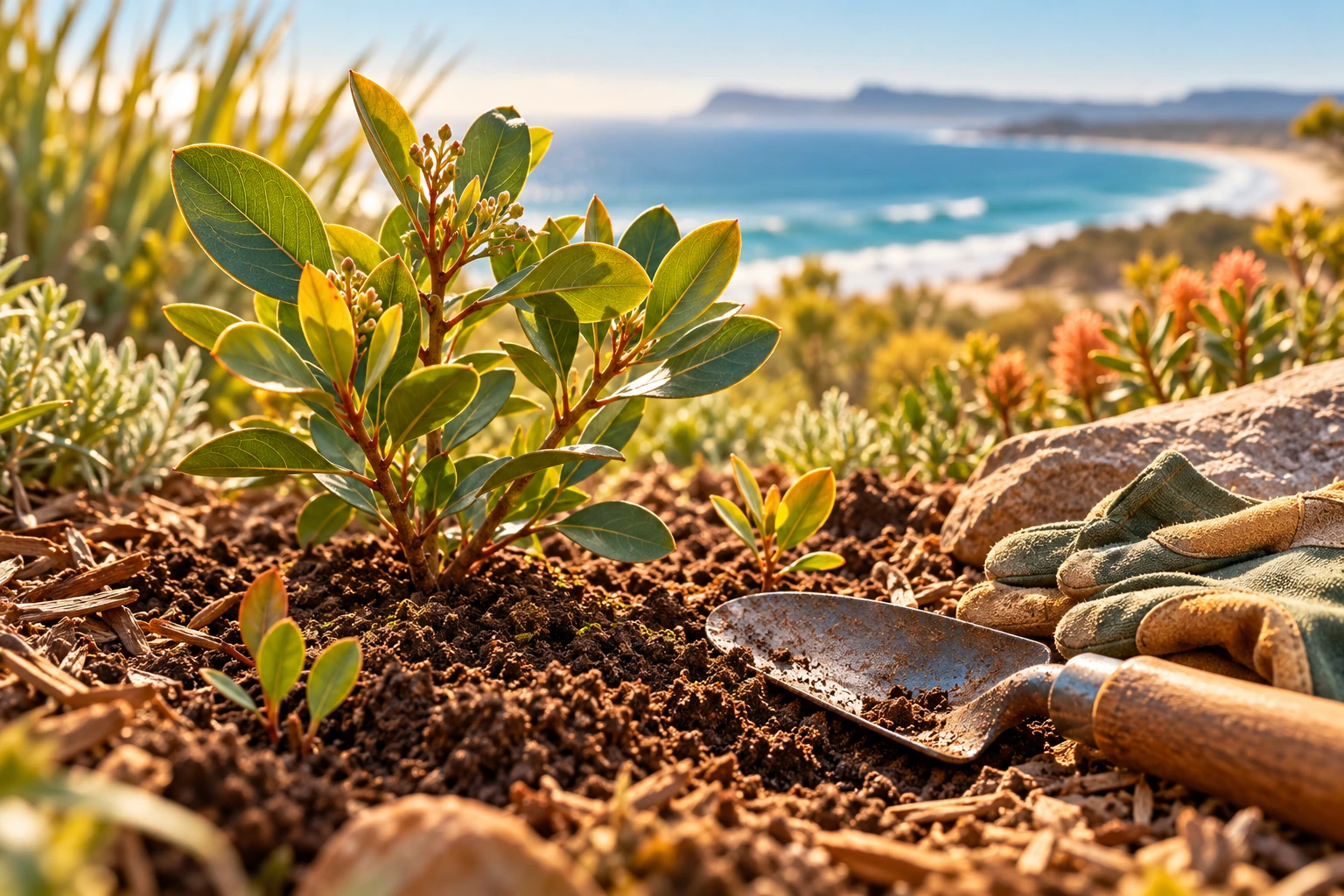Illustration of native seedlings and gardening tools overlooking the coast