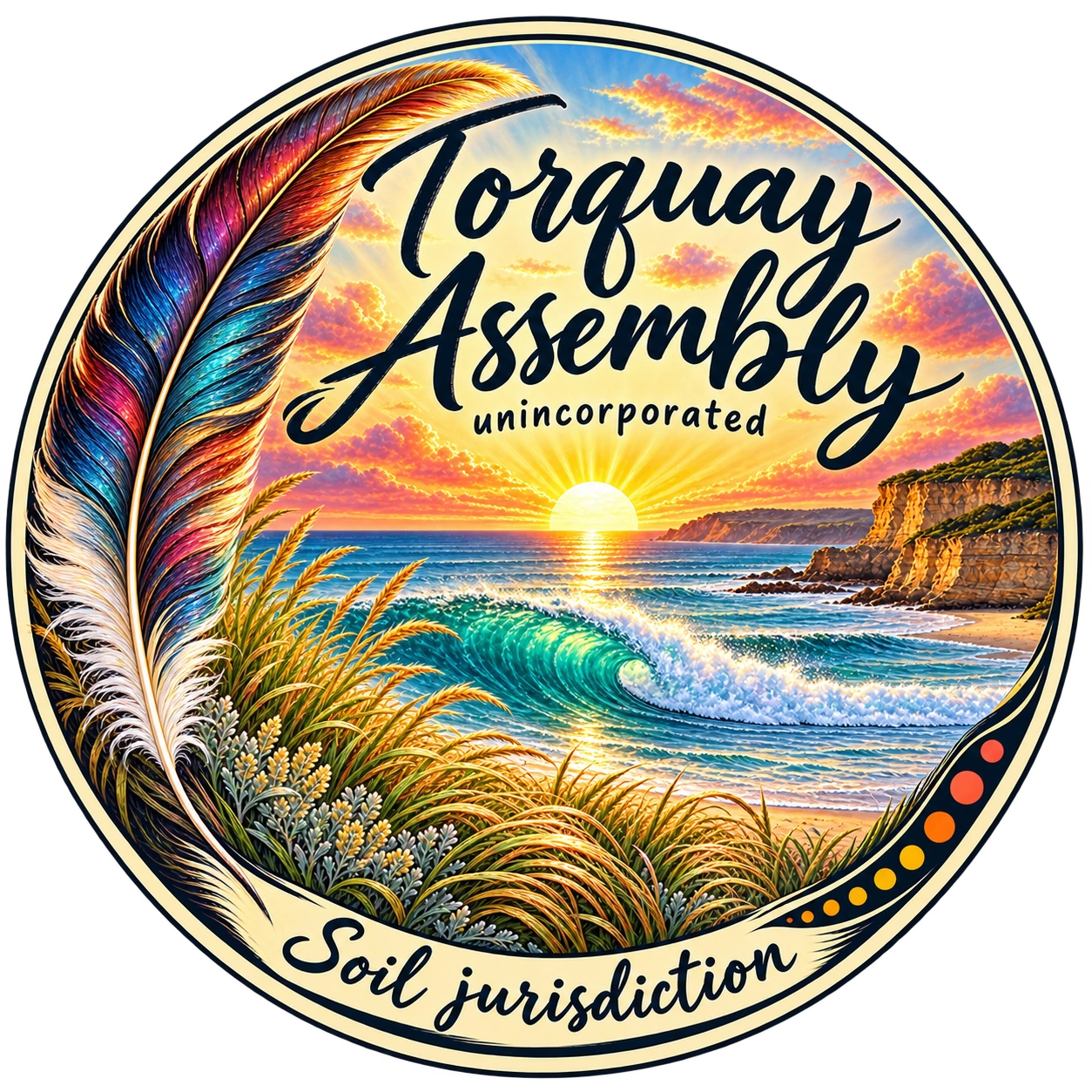 Torquay Assembly emblem: vibrant detailed feather, turquoise surf, coastal cliffs and sunlight