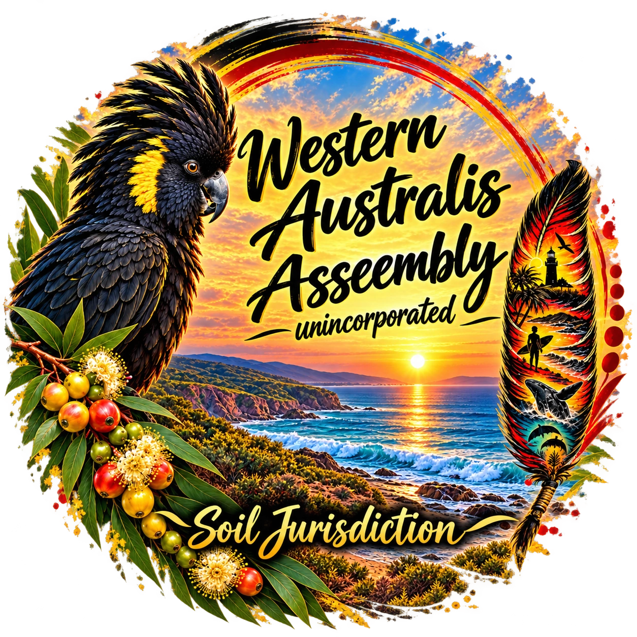 Western Australis Assembly unincorporated emblem with a black cockatoo, native berries, a colourful feather and coastal sunset