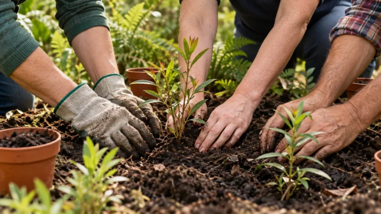 Hands working together to plant native seedlings
