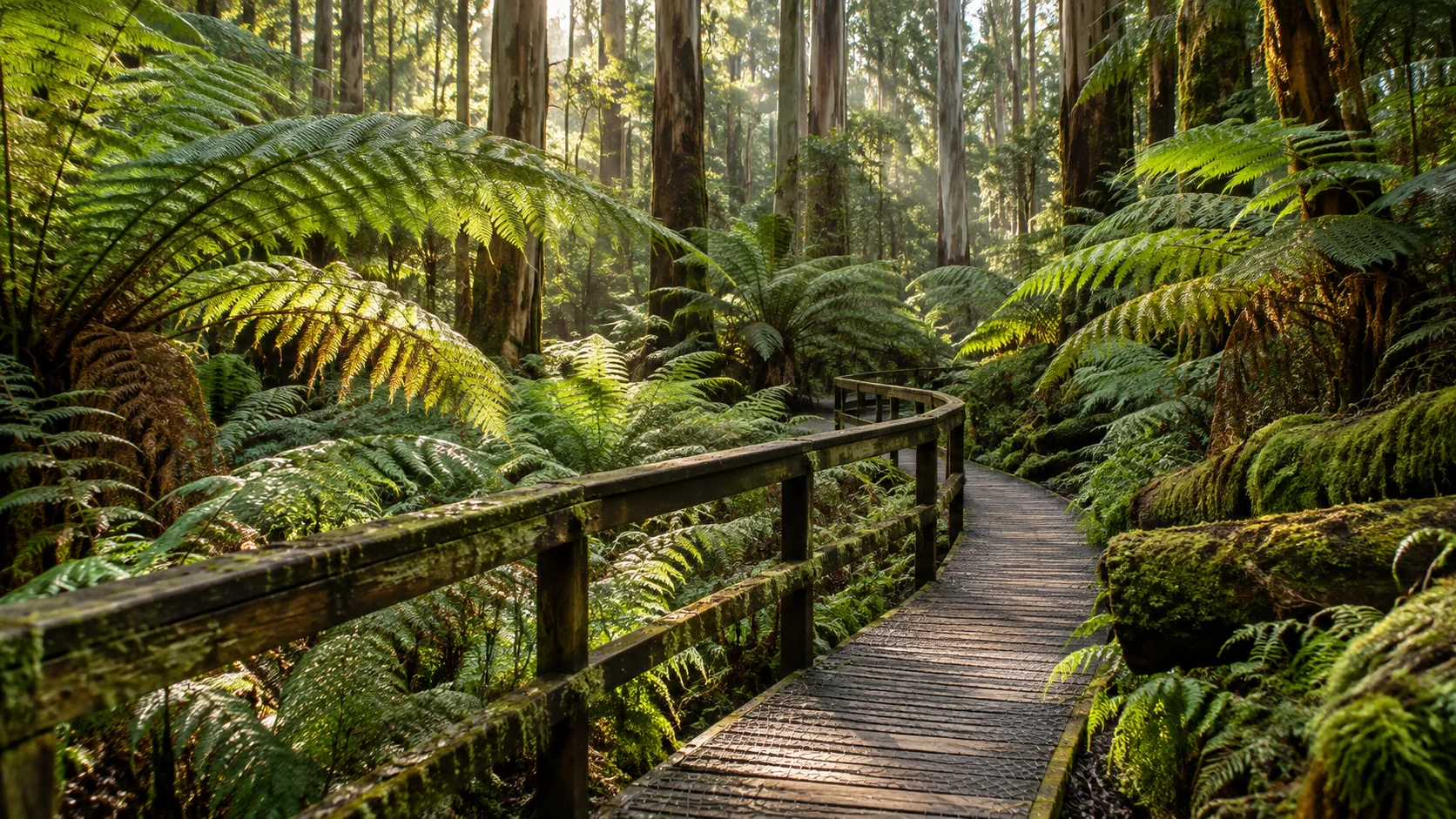 A timber footbridge through a fern forest, in original photographic-style artwork